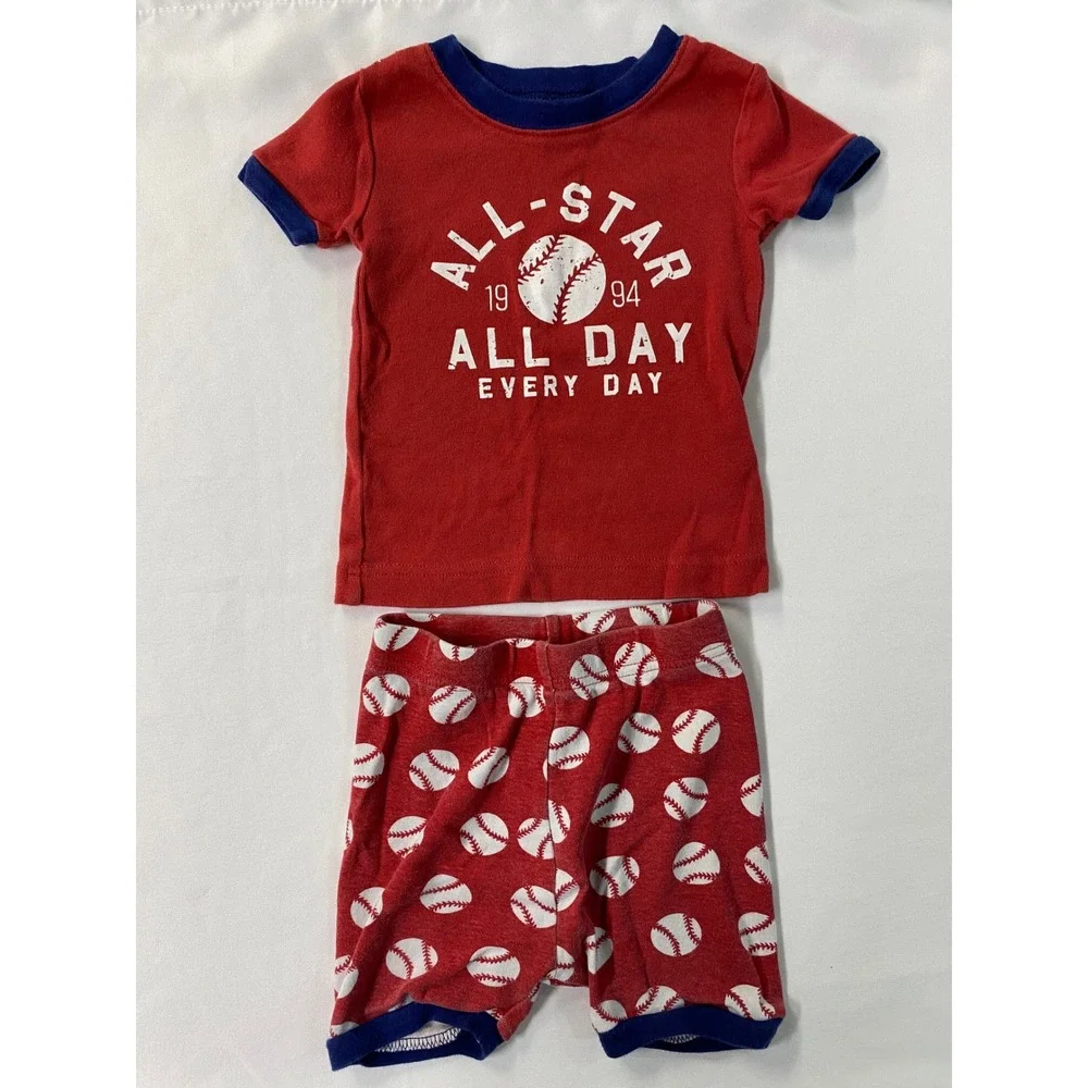 Old Navy Kids Pajama Set of 2 12-18M Baseball Star Handsome Red Green Striped